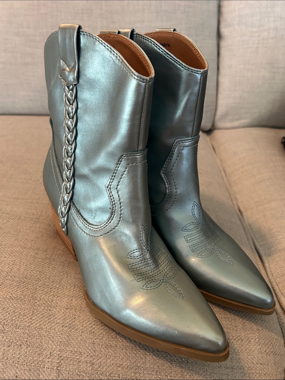 DV by Dolce Vita Metallic Teal Braided Western Pointed-Toe Ankle Boots